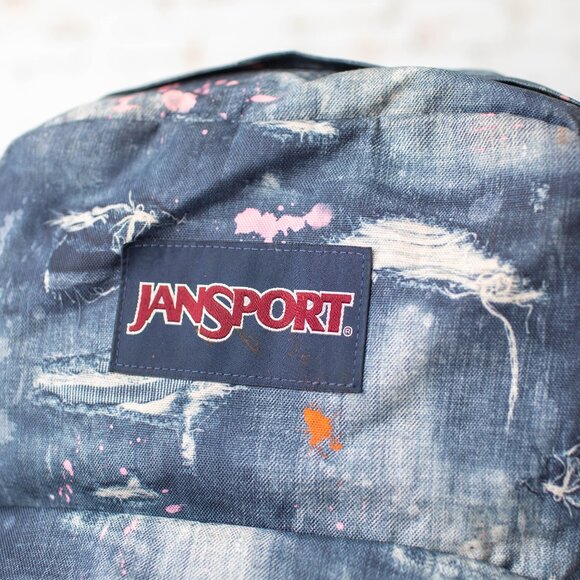 JanSport Backpack Distressed Denim Paint Splatter Print T501 Blue/Pink - Picture 2 of 9